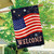Celebrate America Burlap House Flag with American flag, fireworks, and welcome text on burlap material.