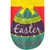 Happy Easter Egg Burlap Garden Flag with colorful egg design and yellow bow on white background.