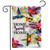 Home Sweet Home Hummingbirds Burlap Garden Flag with colorful flowers and hummingbirds design.