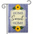 Blue checkered burlap garden flag with sunflowers and Home Sweet Home text on a hanger.