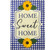 Blue checkered garden flag with sunflowers and "Home Sweet Home" text on beige background.