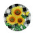 Round glass birdbath with checkered sunflowers and butterfly design on a black and white background.