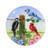 Country Birds Glass Birdbath with woodpecker, blue jay, cardinal on fence with flowers.