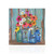 Vibrant flowers in colorful jars on wooden shelf against rustic blue background, Farm Fresh Flowers Spring art.