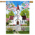 Church in Spring House Flag with white church, red roof, flowers, and white picket fence.