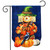 Happy Fall Scarecrow Burlap Garden Flag with pumpkins and blue bird on orange pumpkin display.