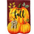 Happy Fall Pumpkin Trio Burlap Garden Flag with three orange pumpkins and autumn leaves design.