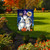 Costumed Gnomes Garden Flag with Halloween theme featuring gnomes and pumpkins on a garden lawn.