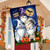 Costumed Gnomes House Flag with Halloween characters, gnomes dressed as ghost, wizard and mummy outdoors.