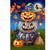 Halloween striped pumpkin stack house flag with jack-o-lanterns and cat on grass with autumn leaves.