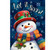 Friendly Winter Snowman Garden Flag with colorful scarf and hat on blue snowy background.