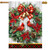 Cardinal Wreath House Flag with red cardinals, poinsettias, and plaid bow on white wood background.
