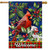 Cardinal and Holly House Flag with red bird, green holly, and welcome message on plaid background.