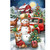 Snowman, corgi, and Christmas tree on snowy farm with red barn and truck, Country Snow Day House Flag.