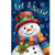 Friendly Winter Snowman House Flag with snowman wearing colorful scarf and hat on blue background.