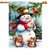Hot Cocoa Snowman House Flag with snowman, squirrels, and cardinal in winter scene.