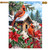 Cardinals and Poinsettias house flag with two red cardinals, snow, pine, and festive holiday flowers.