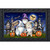 Costumed Gnomes Doormat with Halloween ghosts, pumpkins, and houses on a spooky night scene.