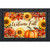 Welcome Fall Flowers Doormat with sunflowers, pumpkin, and leaves on beige plaid background with black frame.