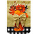 Fall Floral Mason Jar Burlap Garden Flag with orange flowers, leaves, and Welcome text on khaki background.