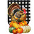 Harvest Turkey Burlap House Flag with black and white checkered background and colorful pumpkins and turkey.