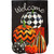 Black burlap house flag with Welcome and colorful patterned pumpkins in orange, black, and white hues.