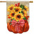 Sunflower filled pumpkin burlap house flag with red gingham bow, vibrant orange and yellow hues.