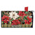 Mixed Poinsettias mailbox cover with red and white flowers, pinecones, and Welcome text on plaid background.