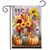 American Autumn Garden Flag with sunflowers, pumpkins, and USA theme on a rustic wooden background.