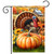 Wild Turkey and Pumpkins Garden Flag with vibrant fall scene and rustic barn background.