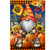 Gnome and Pumpkins Garden Flag with sunflowers, squirrels, and pumpkins on orange plaid background.