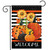 Pumpkins and Stripes Garden Flag with orange, black, and yellow pumpkins, sunflowers, on striped background.