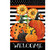 Pumpkins and Stripes Garden Flag with orange, black, and white design and welcome text.