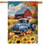 American Fall Farm House Flag with vintage blue truck, pumpkins, sunflowers, and red barn.