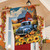 American Fall Farm House Flag with blue truck, pumpkins, sunflowers, and red barn design.