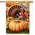 Wild Turkey and Pumpkins House Flag with vibrant autumn scene and colorful turkey amidst pumpkins.