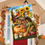 Cornucopia and Critters House Flag with vibrant fall design featuring pumpkins and sunflowers on display.