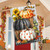 Pumpkin Basket Stack House Flag with orange, white, and black pumpkins on black and white background.