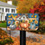 Fall Feathered Friends Mailbox Cover with pumpkins, sunflowers, and birdhouses on blue background.