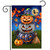 Halloween Pumpkin Trio Garden Flag with stacked jack-o-lanterns, witch hat, cat, and broom on grass.