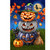 Halloween Pumpkin Trio Garden Flag with stacked jack-o-lanterns, black cat, and autumn leaves at night.