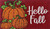 Hello Fall Pumpkins Coir Doormat, 18x30, red background with orange pumpkins and green leaves.