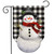 Happy Snowman Burlap Garden Flag with black hat, red scarf on black and white checkered background.