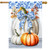 Blue and white pumpkins house flag with orange pumpkin and blue bow on white background.