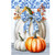 Blue and white pumpkins house flag with orange pumpkin and decorative bow and fall leaves design.