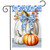 Blue and white pumpkins garden flag with orange pumpkin and blue floral design and bow.