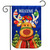 Rudolf Burlap Garden Flag with reindeer, Christmas trees, and ornaments on blue background with welcome text.