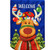 Rudolf Burlap Garden Flag, Christmas reindeer decoration with ornaments and welcome text on blue background.