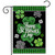 Scattered Shamrocks Garden Flag with Happy St. Patrick's Day text on black with green plaid borders.