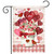 Love Bouquet Garden Flag with pink roses, red hearts, and cardinals on a white background.